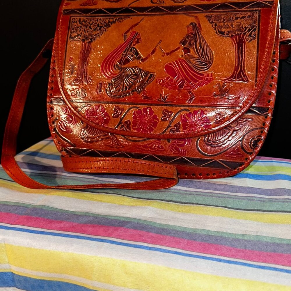 MunMun Vintage Handmade Stained Leather Scene Crossbody Purse
